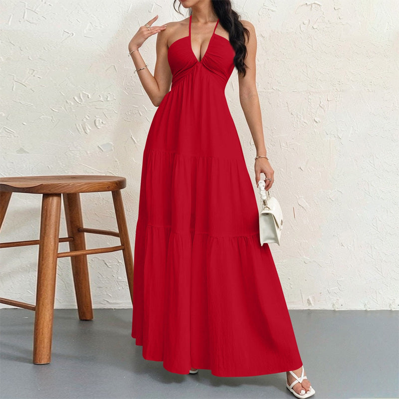 Backless halter-neck layered flowing long dress