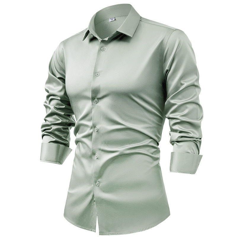 Men's silk satin long-sleeved dress shirt, business casual button-down shirt