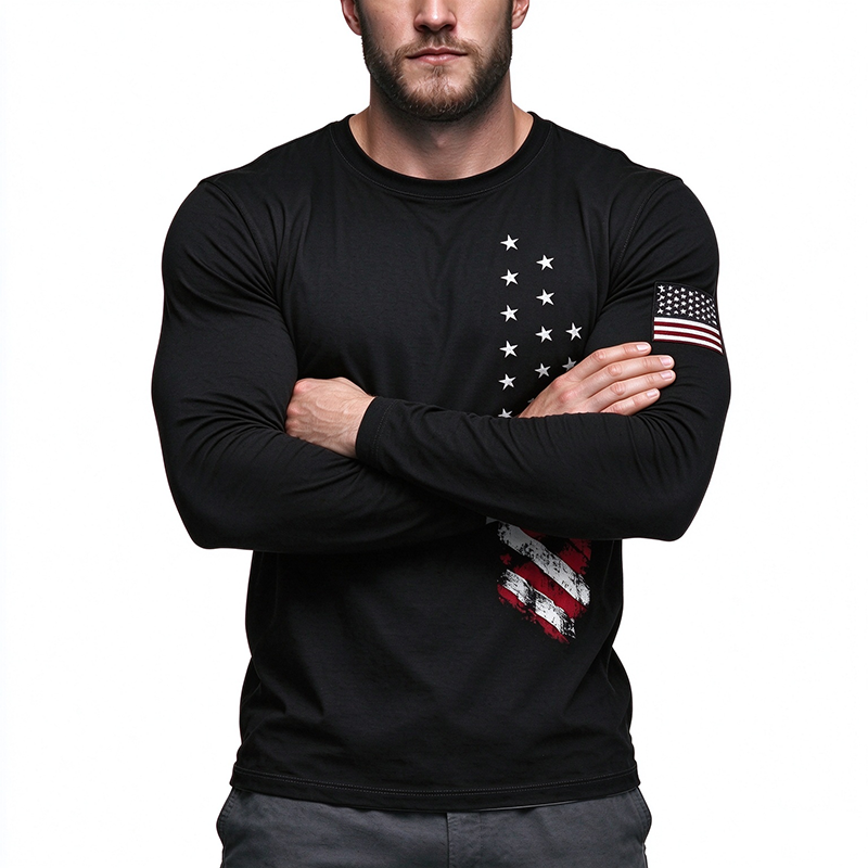 American Flag Print Mens Long Sleeve Tee