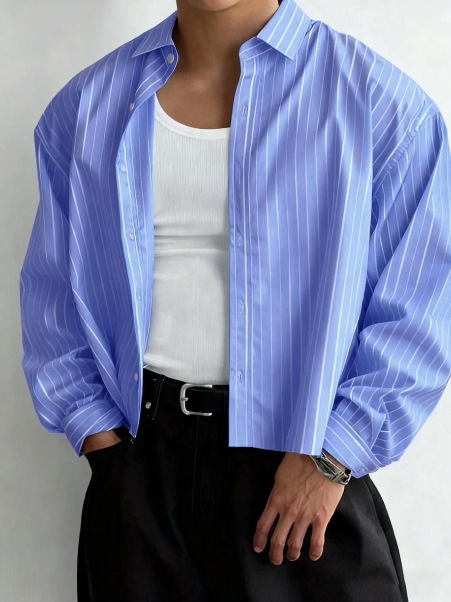 Men's striped shirt, loose-fitting long-sleeved solid color shirt