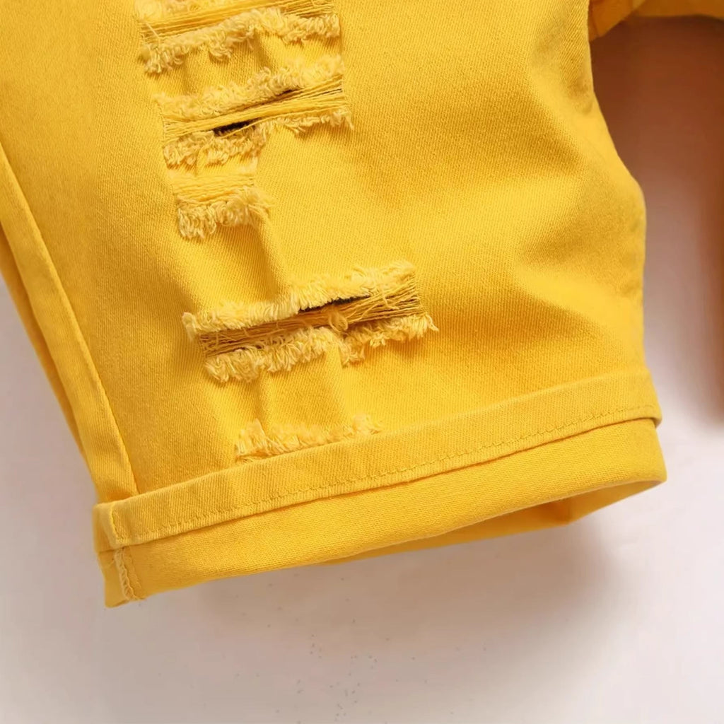 Men's ripped yellow stretch mid-length straight leg distressed denim shorts