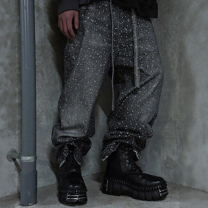 Men's Sparkling Diamond-Encrusted Jeans with Diamond Belt - High Street Style Long Pants