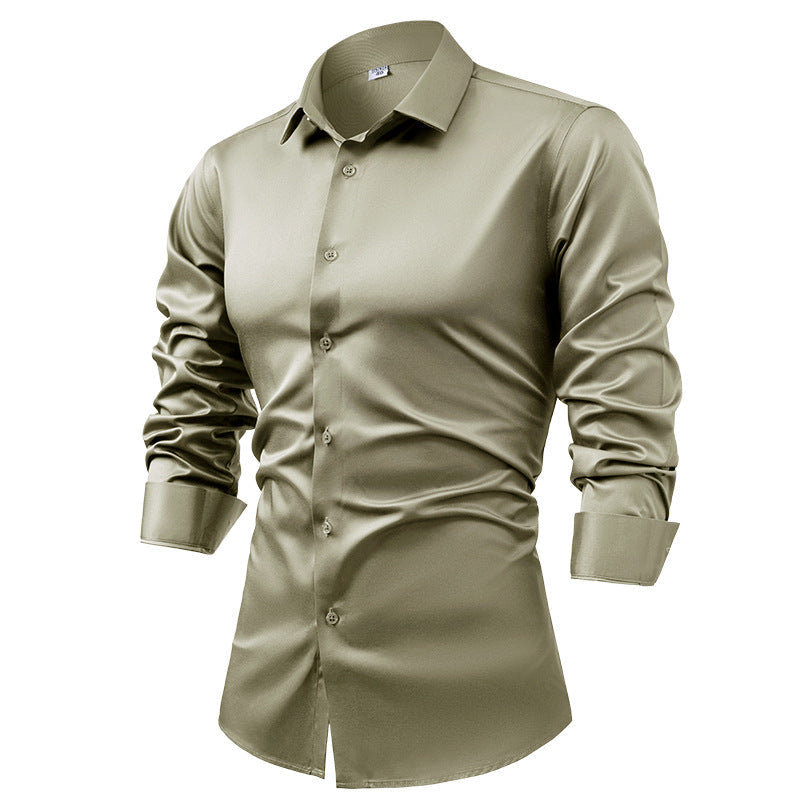 Men's silk satin long-sleeved dress shirt, business casual button-down shirt