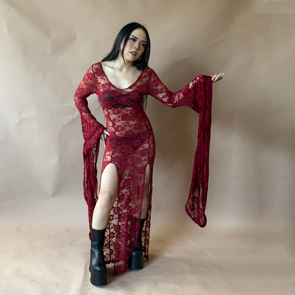 Gothic  Lace Bell Sleeve Slit Maxi Dress