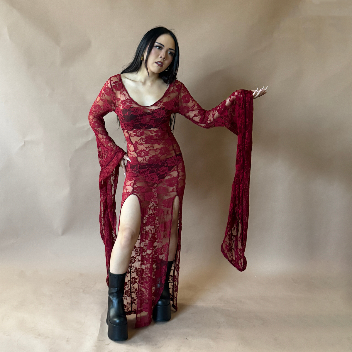 Gothic  Lace Bell Sleeve Slit Maxi Dress