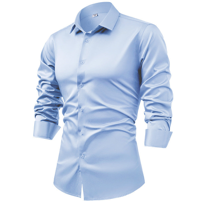 Men's silk satin long-sleeved dress shirt, business casual button-down shirt