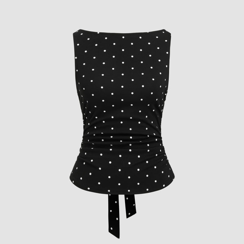 Polka dot backless sleeveless shirt with tie bow