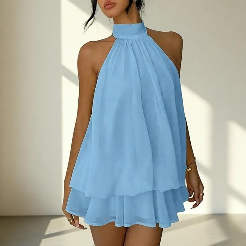 Backless halter-neck layered ruffle dress