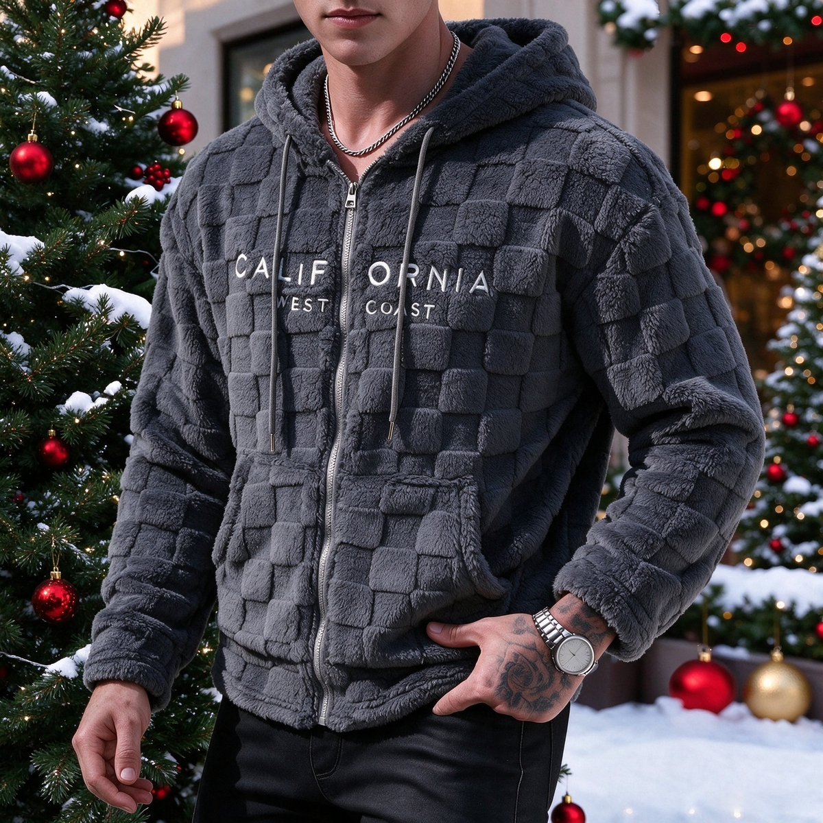 Plush Grid Hooded Jacket