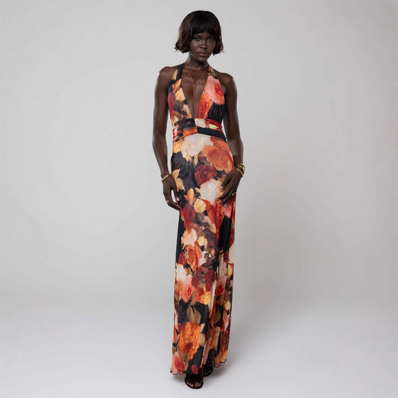 Floral print halter neck backless tie-up maxi dress