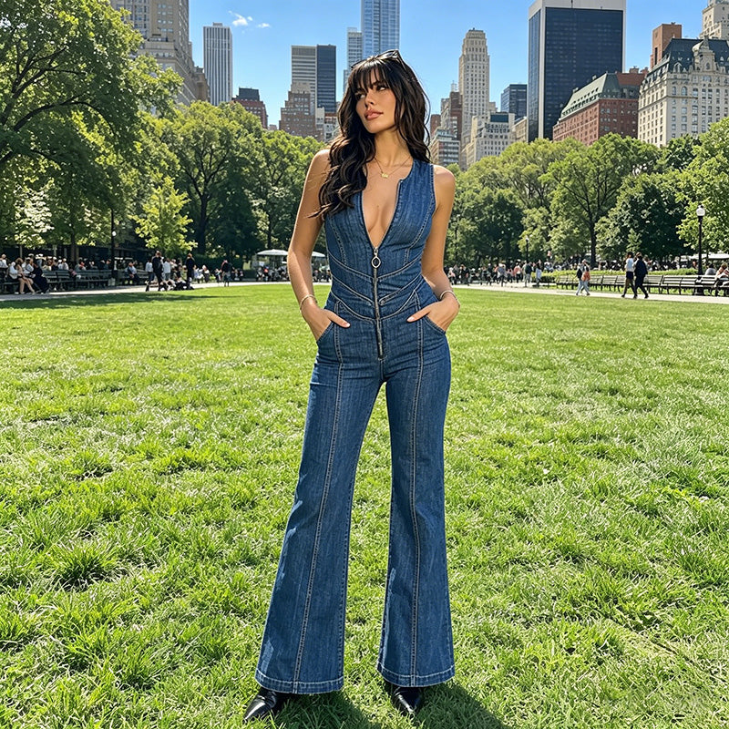 Sleeveless deep V-neck zipper denim flared jumpsuit