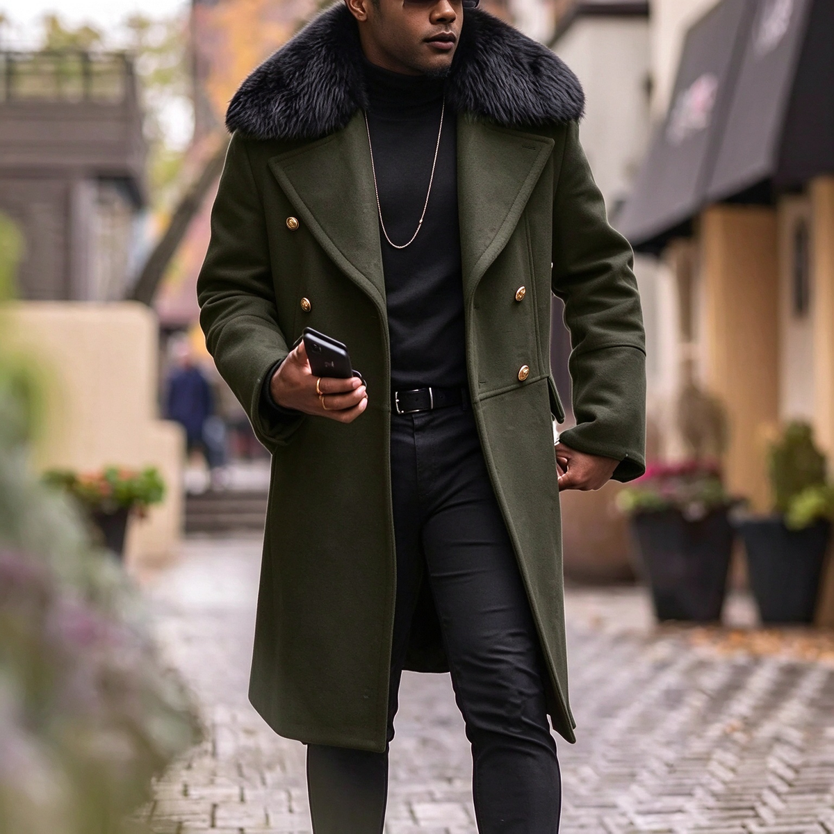 Classic Furry Collar Long Winter Coat For Men