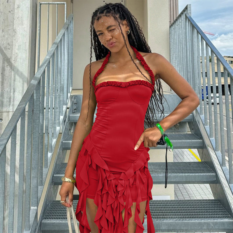 Halter neck ruffled fitted dress