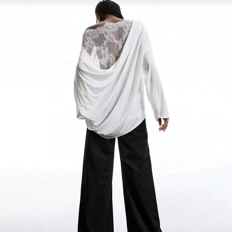 Asymmetrical lace backless long-sleeved shirt