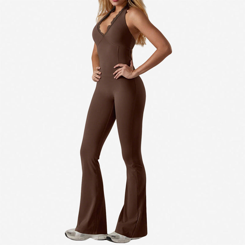 V-neck halter-neck flared jumpsuit