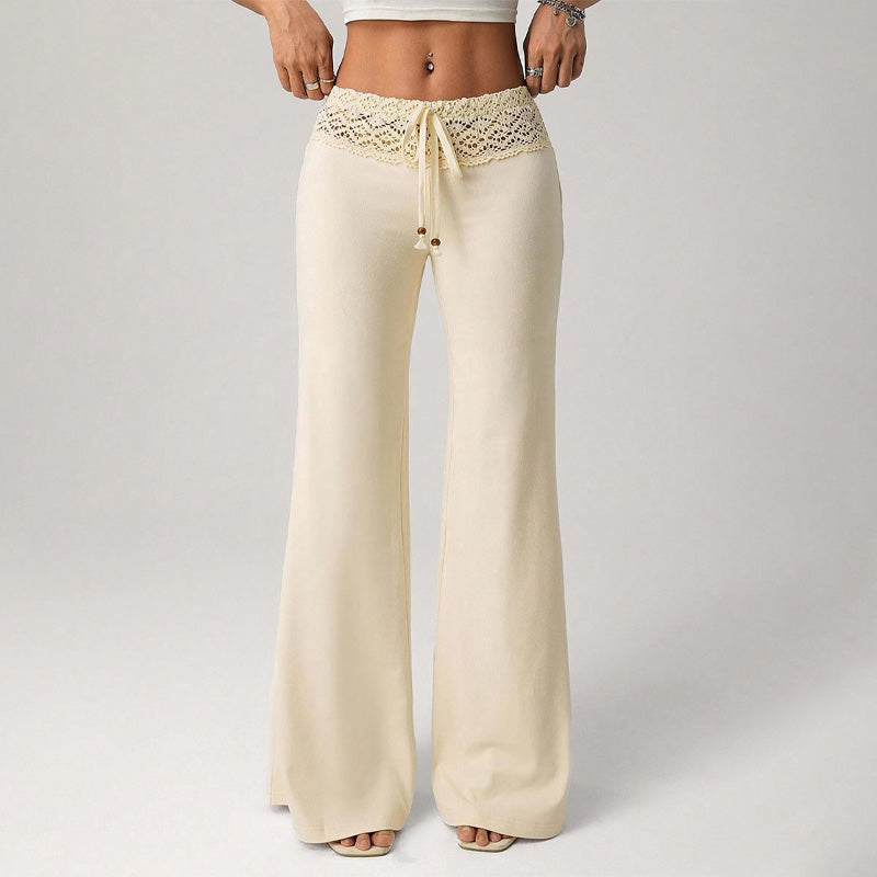 Lace-trimmed slim-fit drawstring flared pants