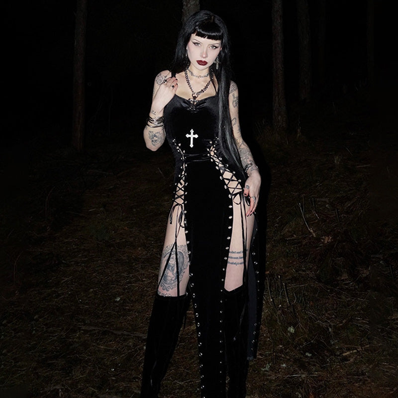 Dark Muse Lace-Up Split Maxi Dress