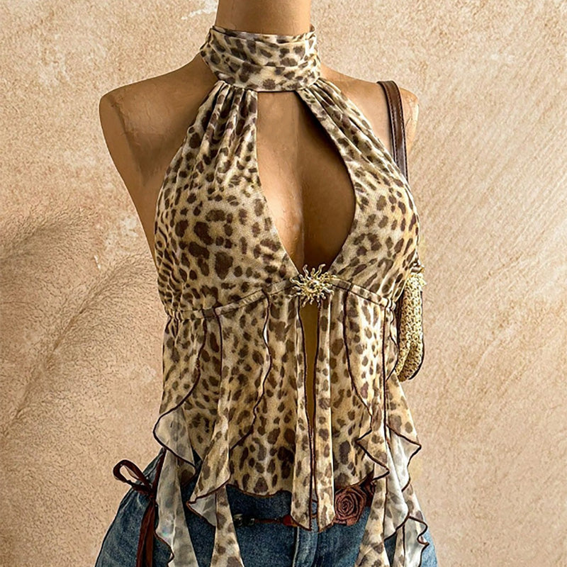 Leopard print deep V-neck open back camisole top