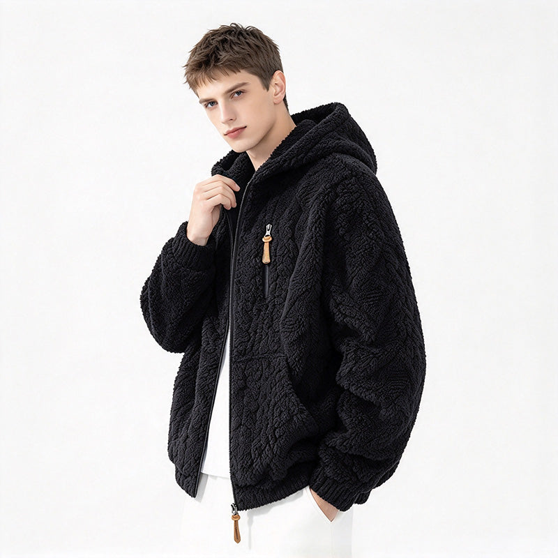 Men's fleece-lined hooded loose-fitting jacket