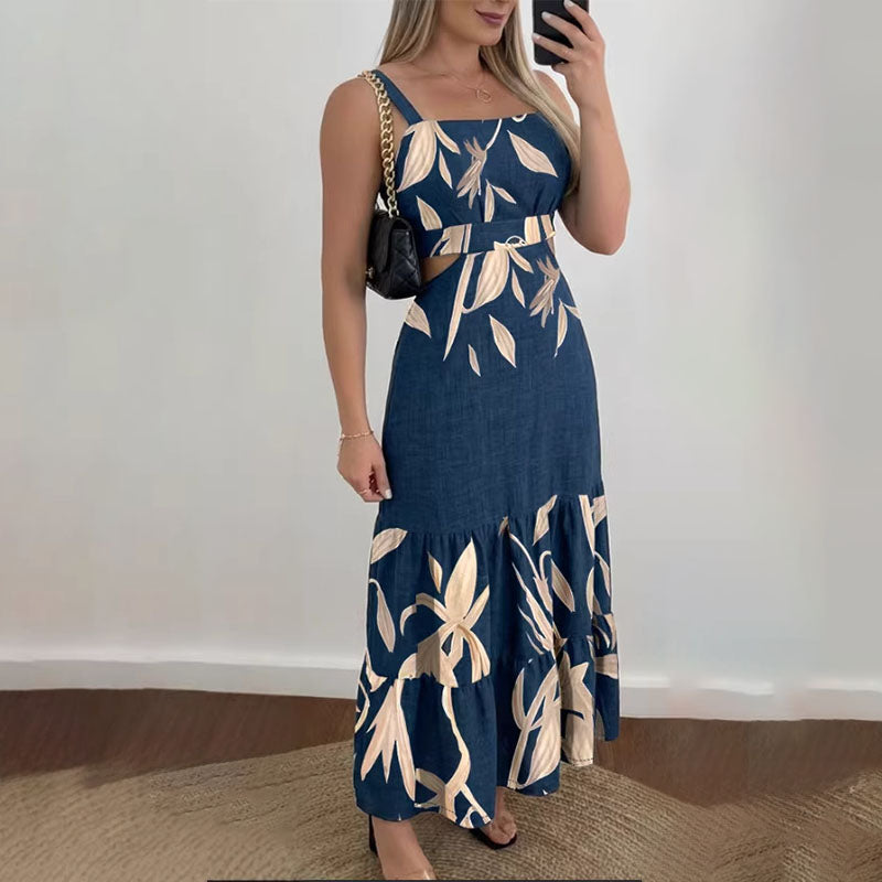 Tropical Leaf-Print Cutout Ruffle Maxi Dress