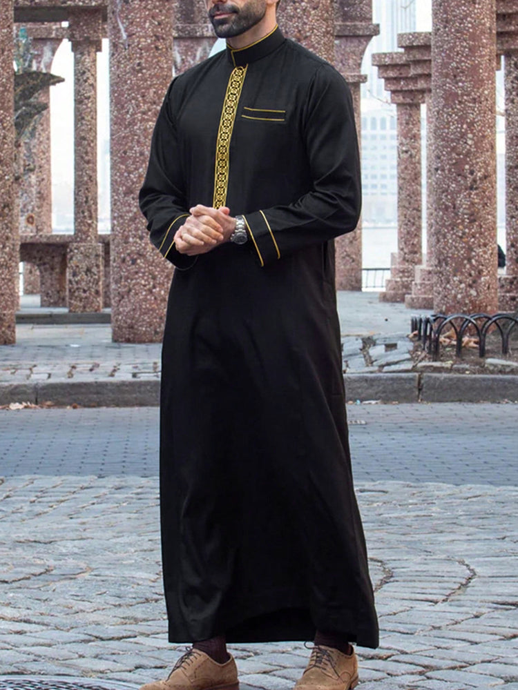 Men's long-sleeve embroidered mandarin-collar robe