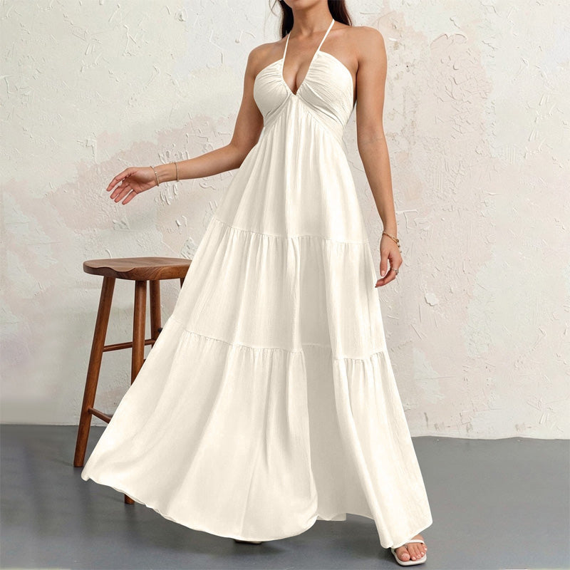 Backless halter-neck layered flowing long dress