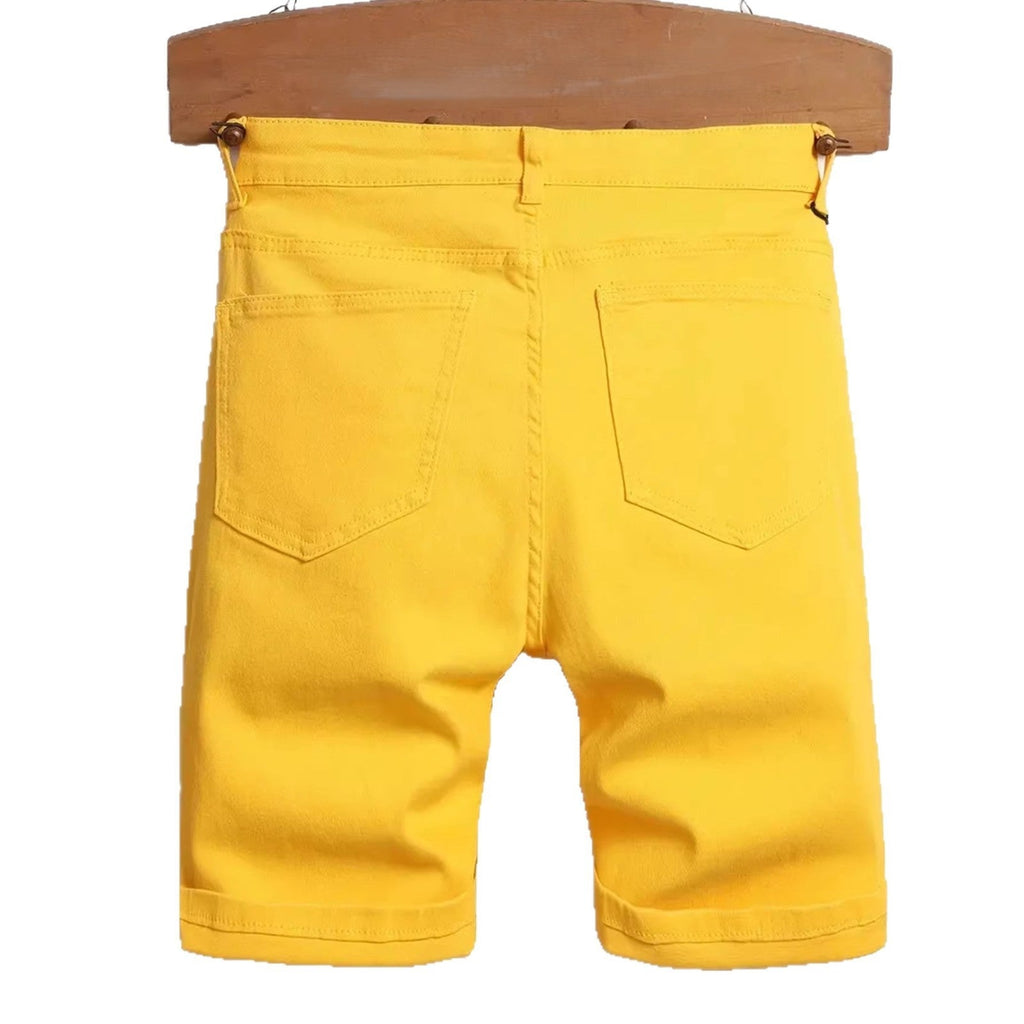 Men's ripped yellow stretch mid-length straight leg distressed denim shorts