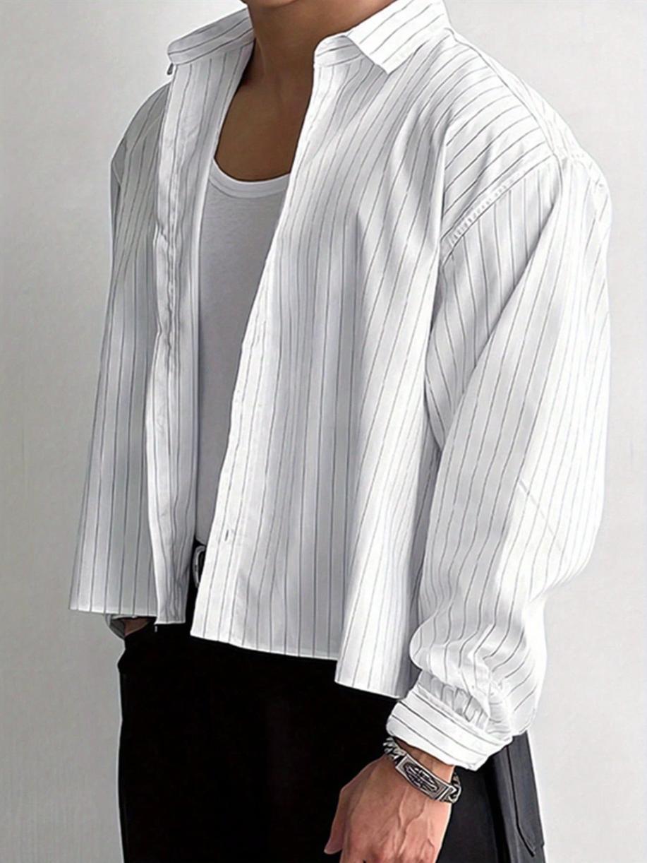 Men's striped shirt, loose-fitting long-sleeved solid color shirt