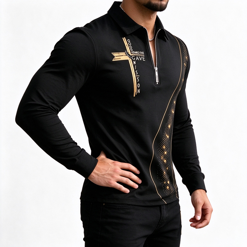 Mens Half Zip Gold Print Polo