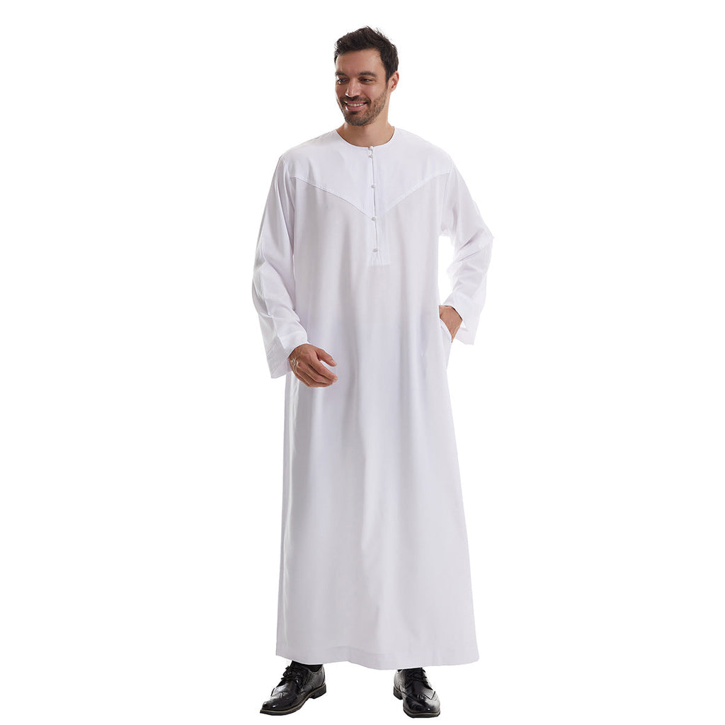 Men's solid color long Muslim robe with pockets