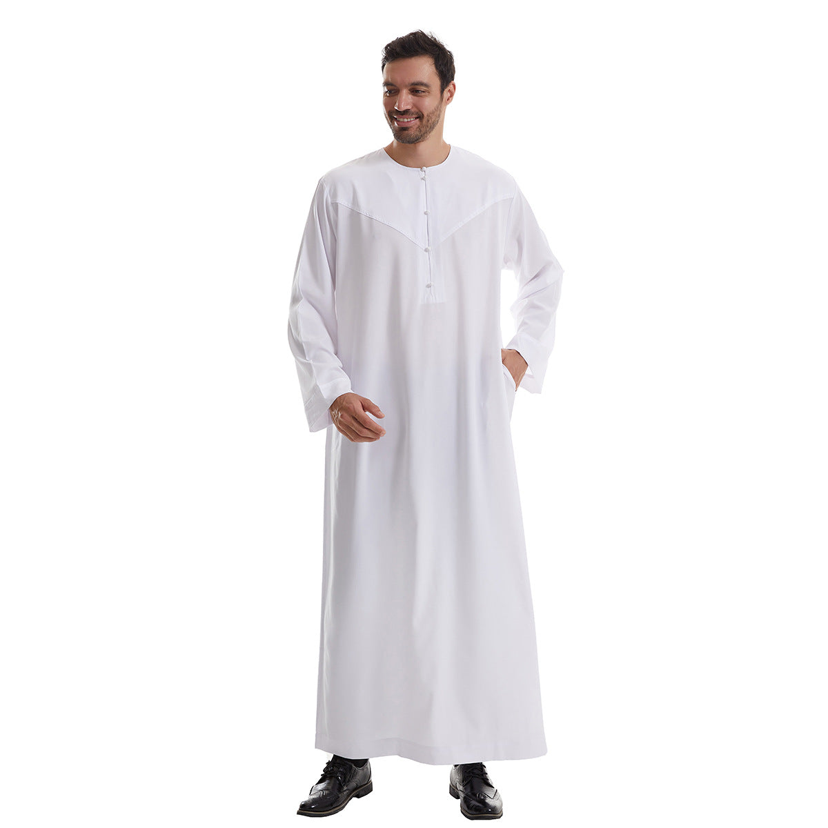 Men's solid color long Muslim robe with pockets