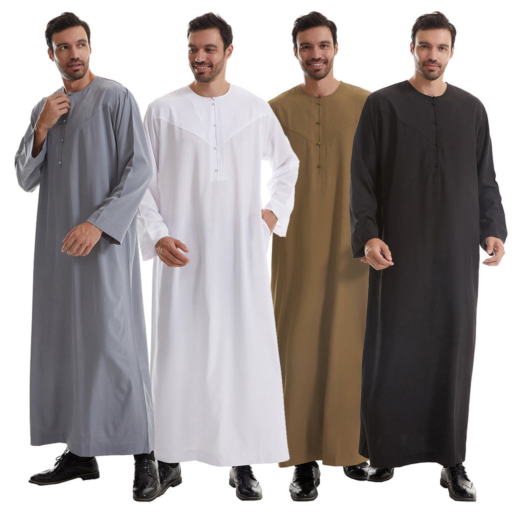 Men's solid color long Muslim robe with pockets