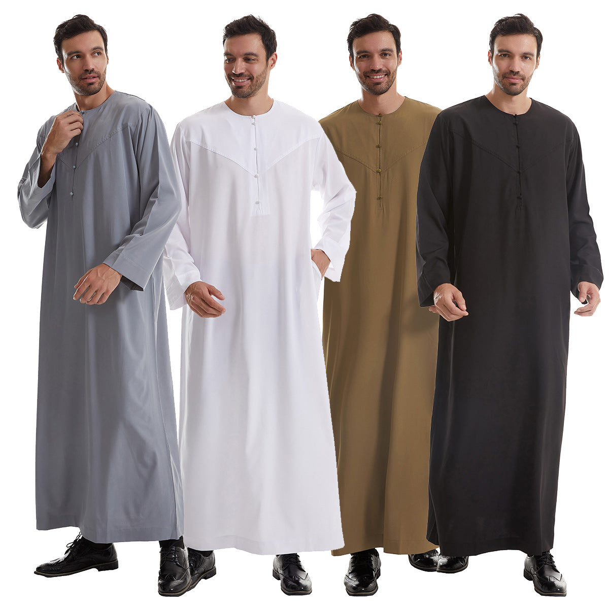 Men's solid color long Muslim robe with pockets