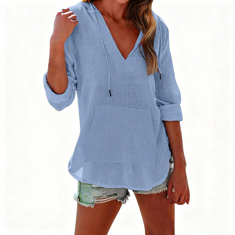 Beach Long-Sleeve V-Neck Hooded Shirt