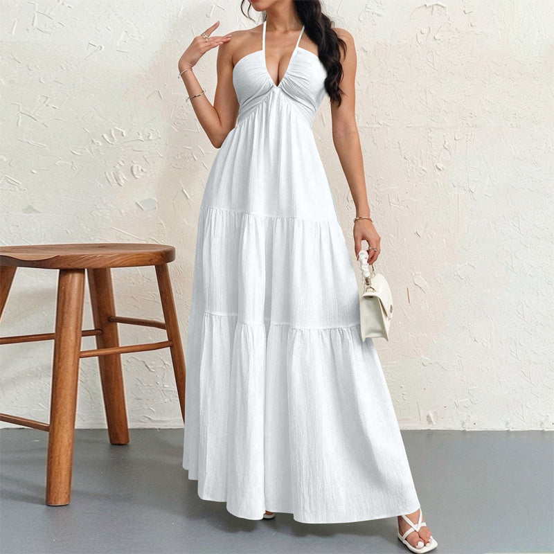 Backless halter-neck layered flowing long dress