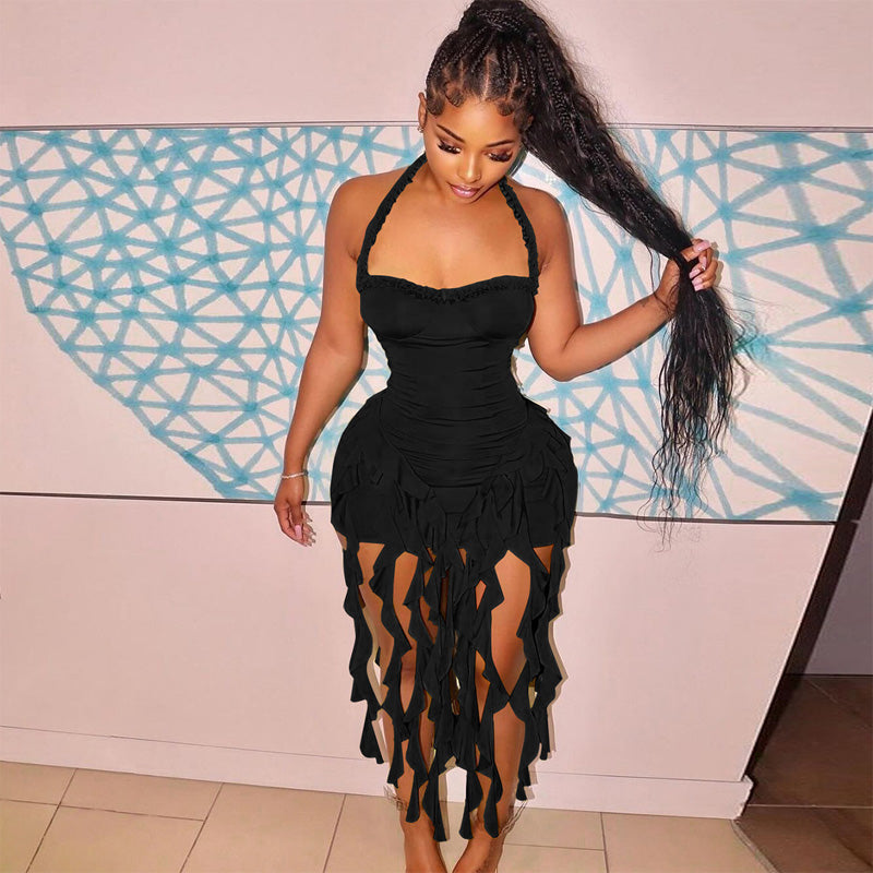 Halter neck ruffled fitted dress
