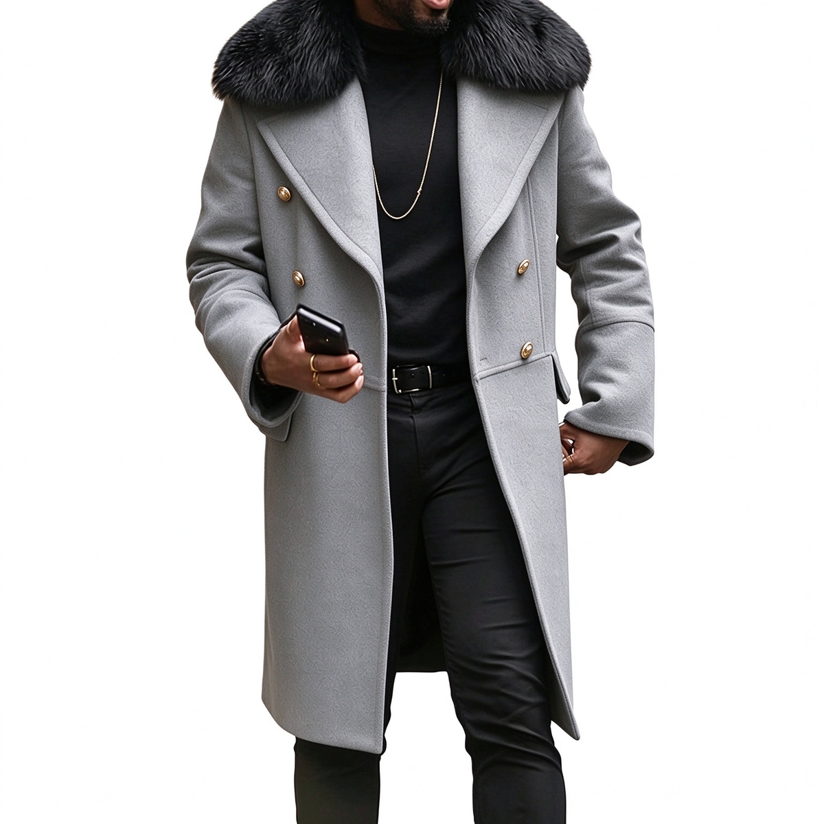 Classic Furry Collar Long Winter Coat For Men