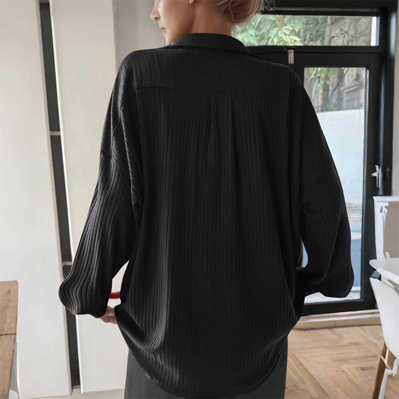 Ribbed V-neck long-sleeved knit sweater