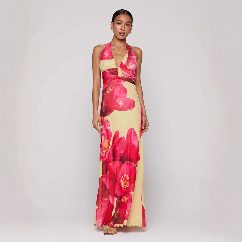 Floral print halter neck backless tie-up maxi dress
