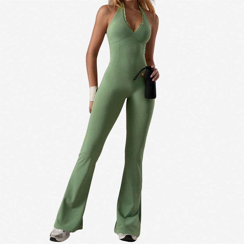 V-neck halter-neck flared jumpsuit