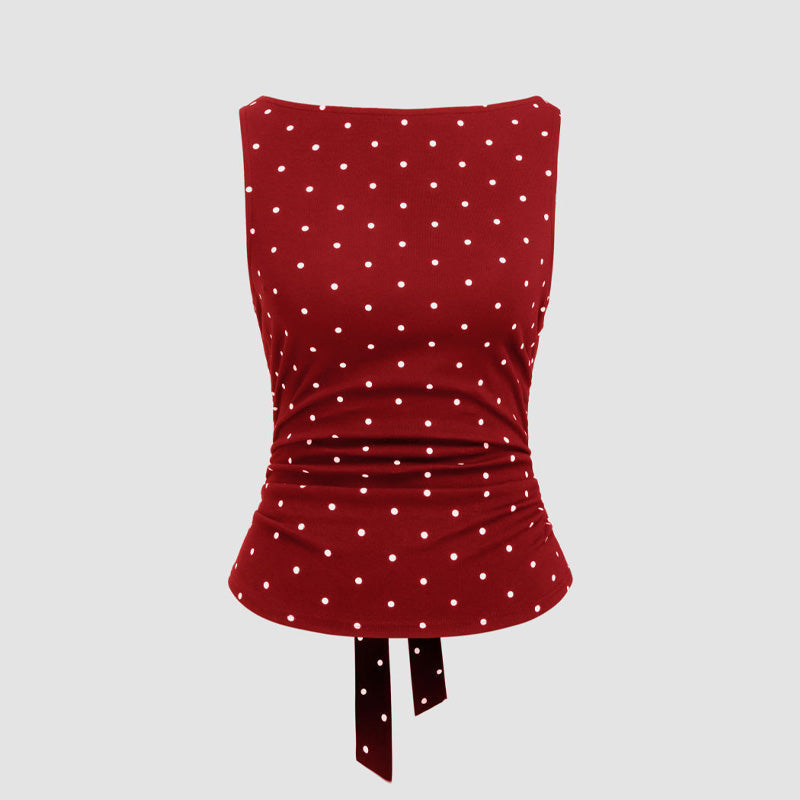 Polka dot backless sleeveless shirt with tie bow