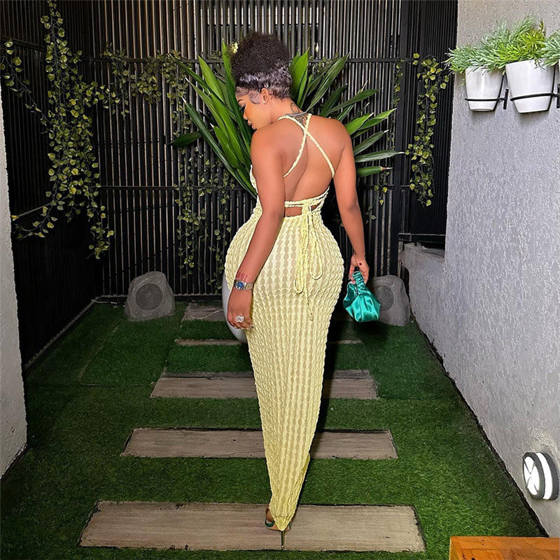 Slim-fit textured spaghetti strap maxi dress