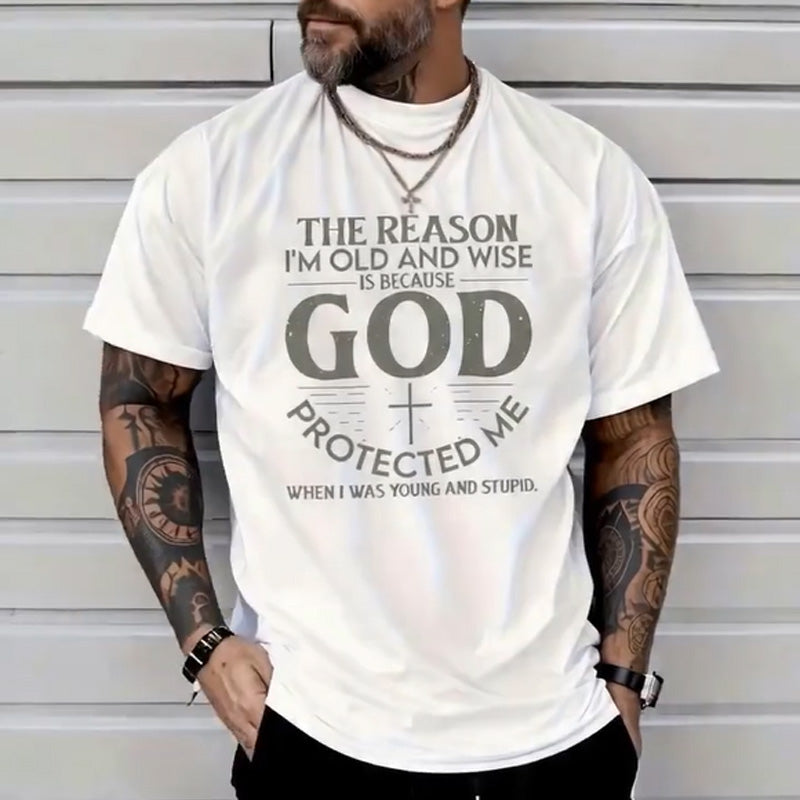 Men's  cotton crew neck "GOD" printed casual short-sleeved shirt