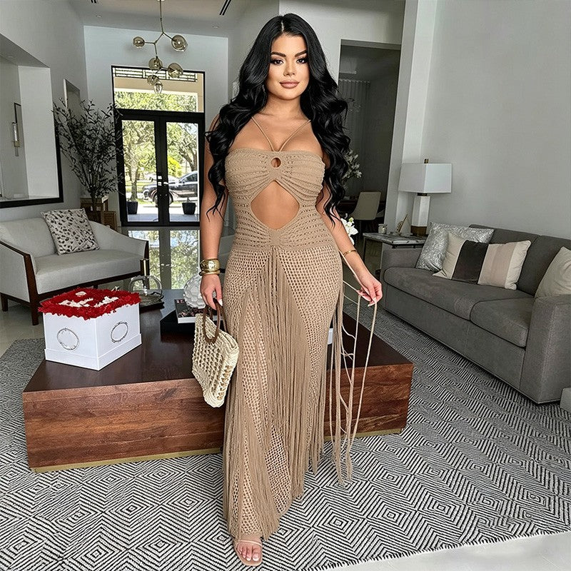 Knitted openwork tie-up tassel long skirt
