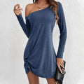 One-shoulder pleated long-sleeved dress