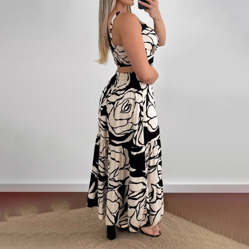 Tropical Leaf-Print Cutout Ruffle Maxi Dress