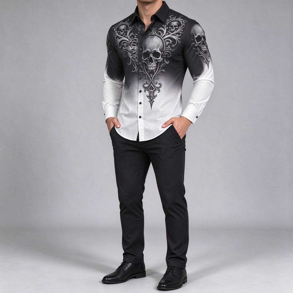 Black and white gradient skull print shirt