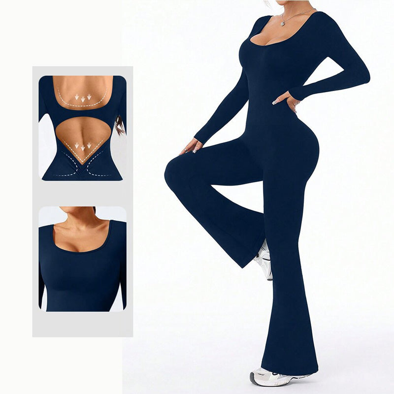 Pleated backless long-sleeved flared jumpsuit