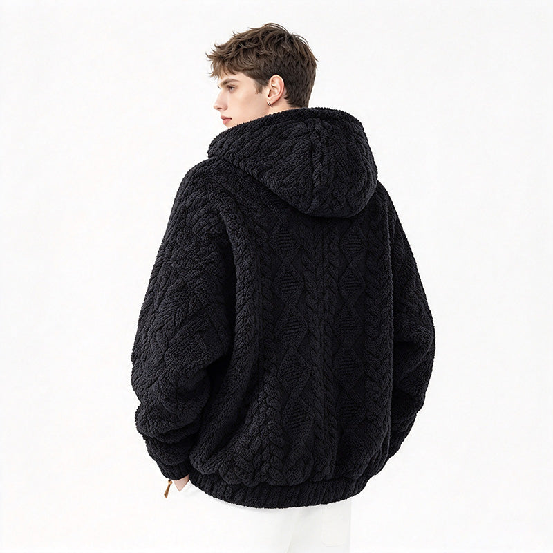 Men's fleece-lined hooded loose-fitting jacket