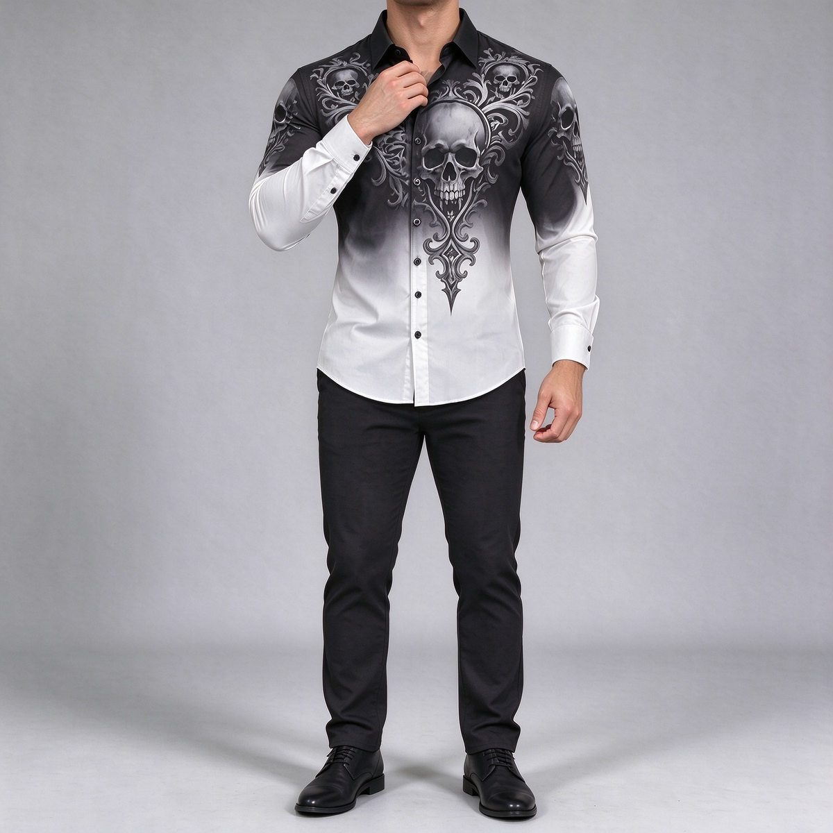 Black and white gradient skull print shirt